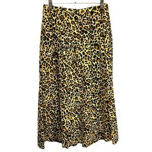 Tan Black Leopard Print Midi Button Up Full Skirt Size 10